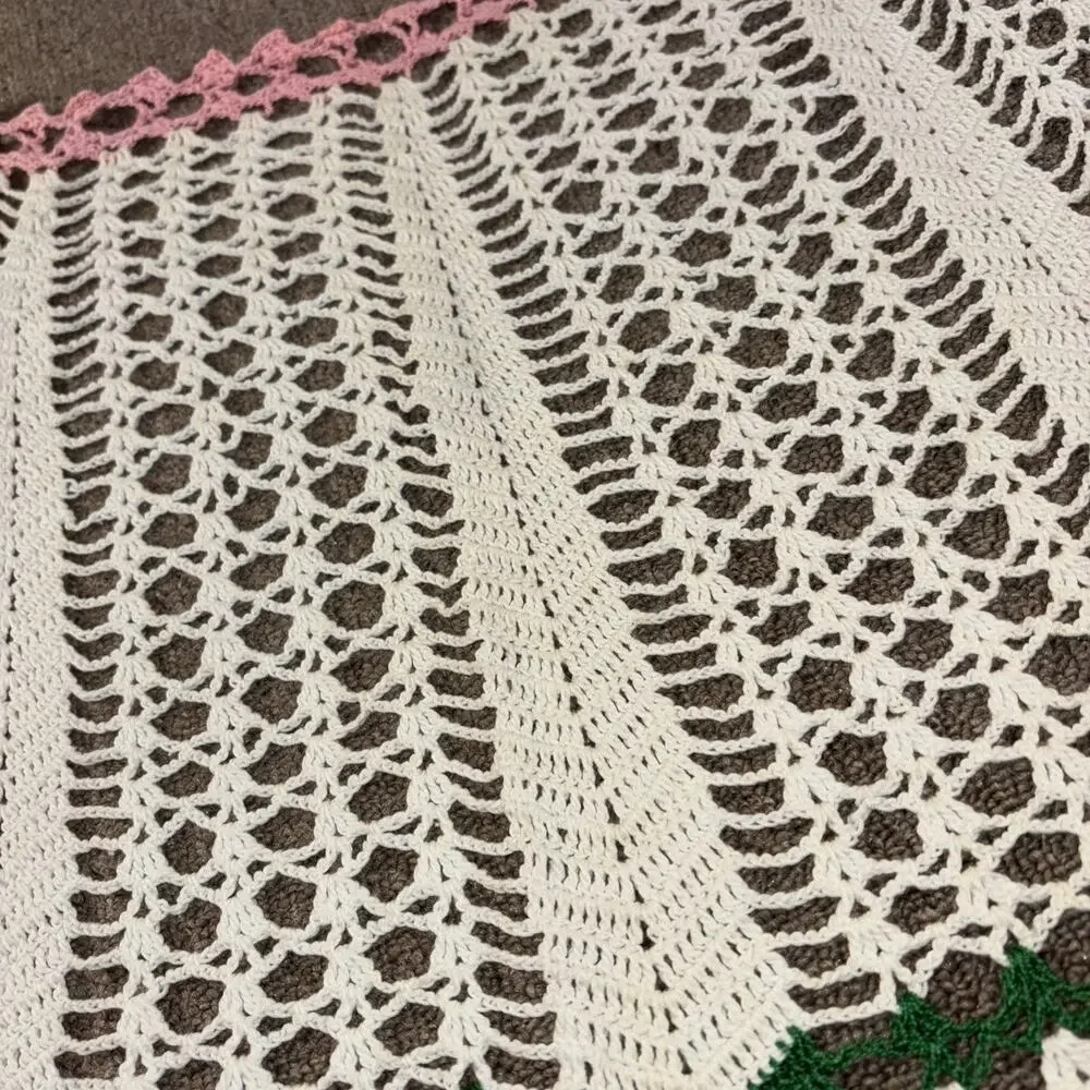 Vintage Crochet Apron Pink Green White Handmade 1970s